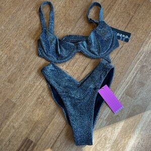 Oneone Swimwear Jesse Bottoms & Grace Top Metallic Shadow black and Silver